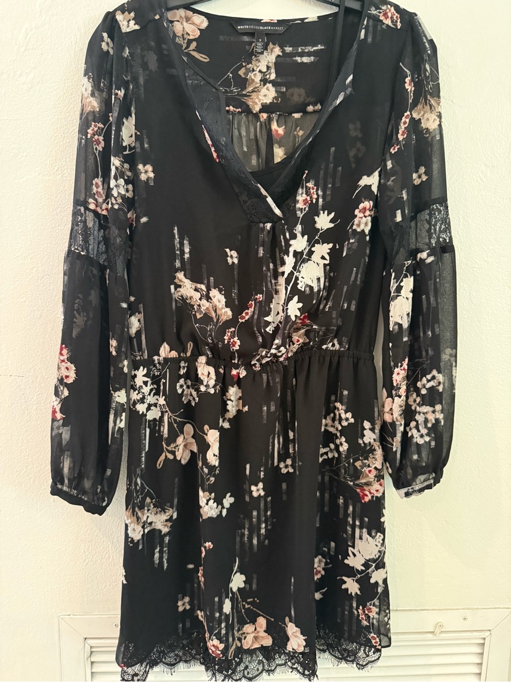 White House Black Market Black Floral Lace-Trim Long Sleeve Dress